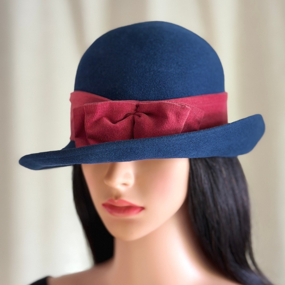 Vtg 80s Laura Ashley Navy Blue Wool Felt Cloche Hat Burgundy Bow Made in UK Mod